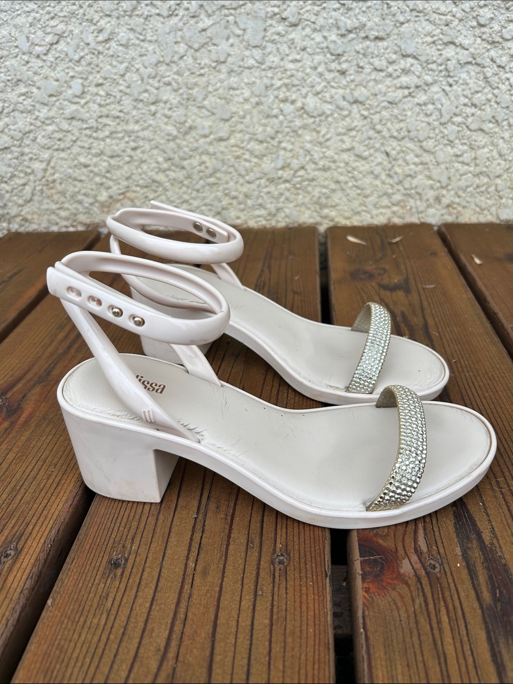 Melissa Cream Block Heel Sandals with Crystal Toe Strap